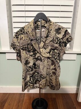 Cato Black and Cream Paisley Short-Sleeve Cowl Neck Blouse